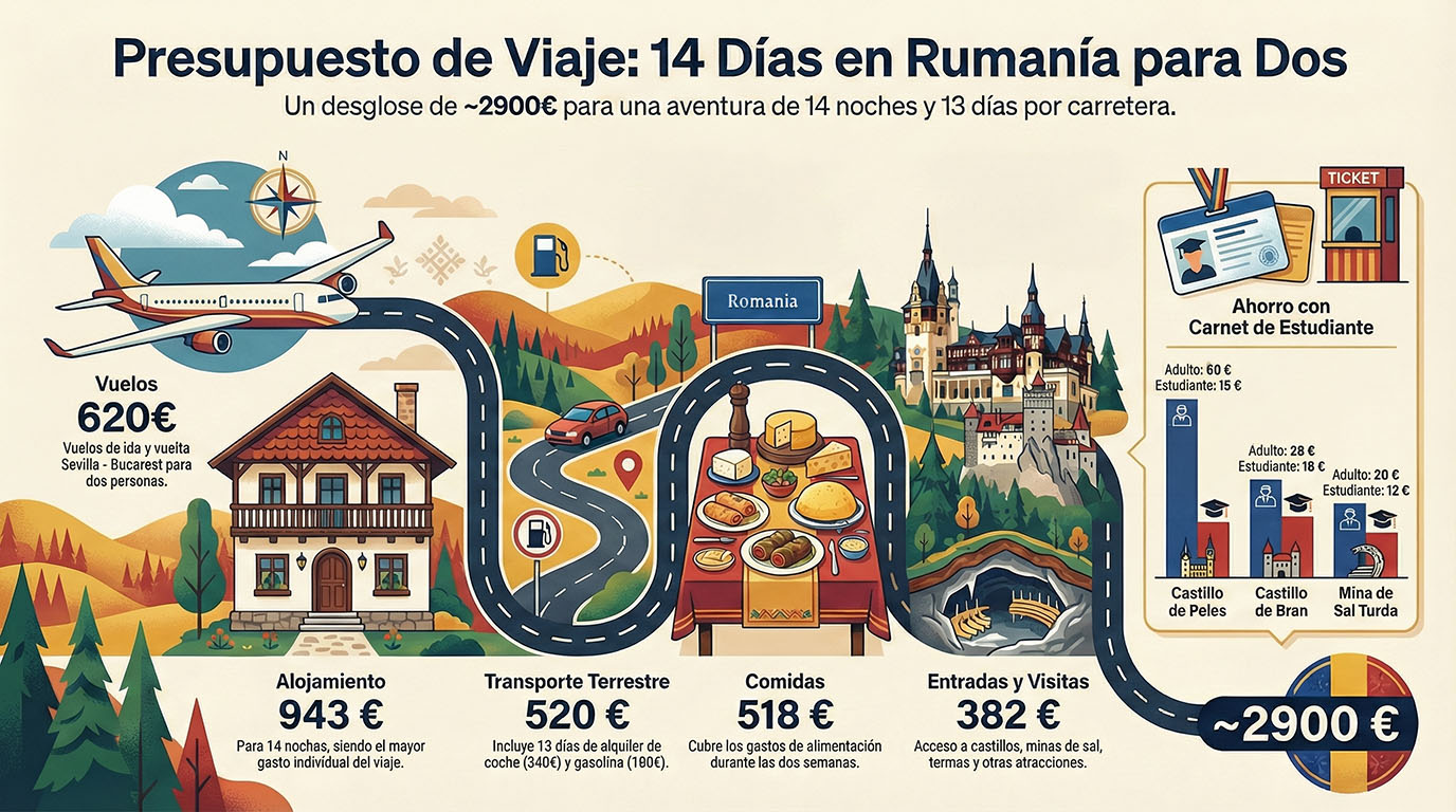 Infografía de nuestro presupuesto de viaje de 14 días en Rumanía para dos personas Infografía de nuestro presupuesto de viaje de 14 días en Rumanía para dos personas - Los viajes de Margalliver