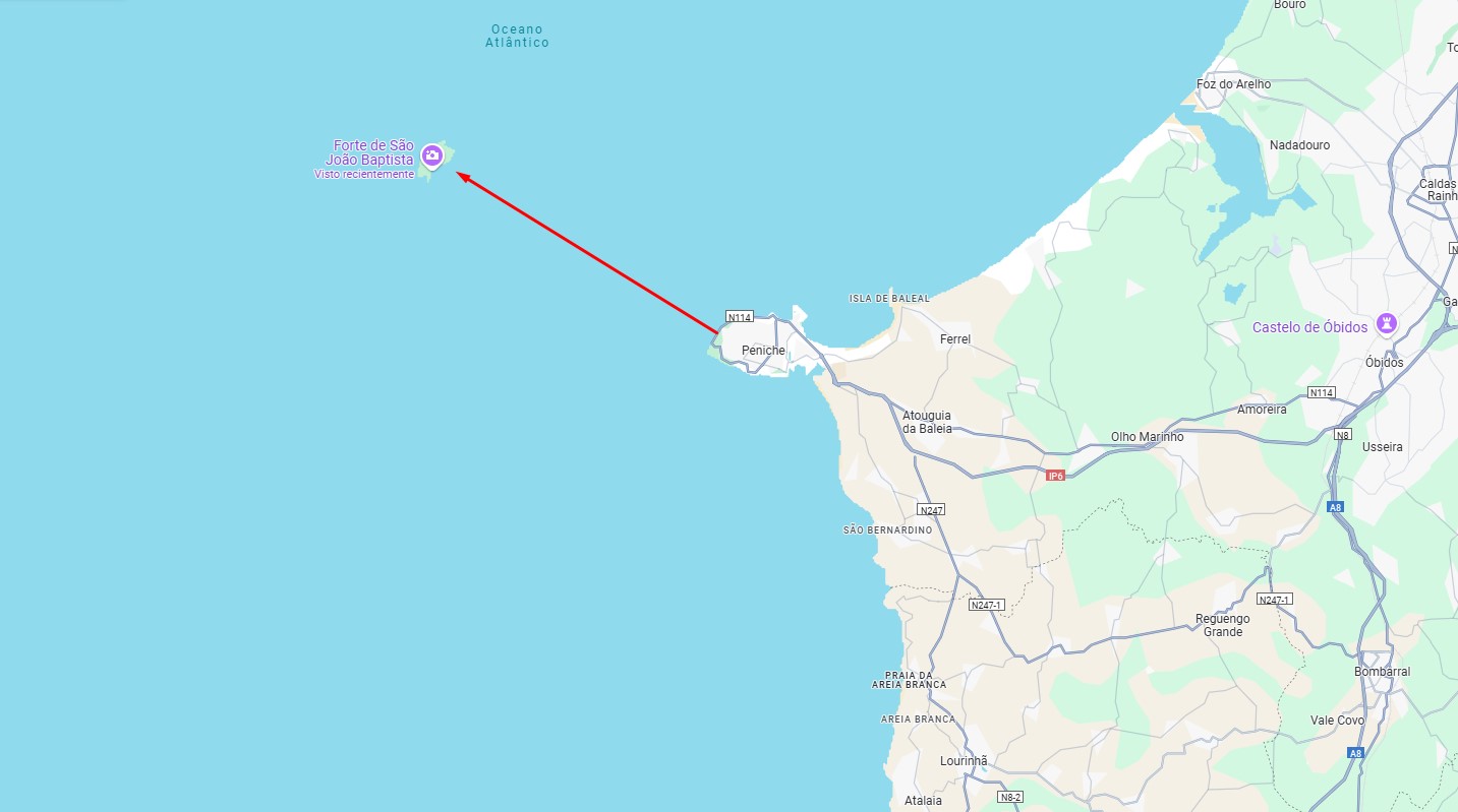Mapa de la distancia entre Islas Berlengas y Peniche en la península Mapa de la distancia entre Islas Berlengas y Peniche en la península - Los viajes de Margalliver