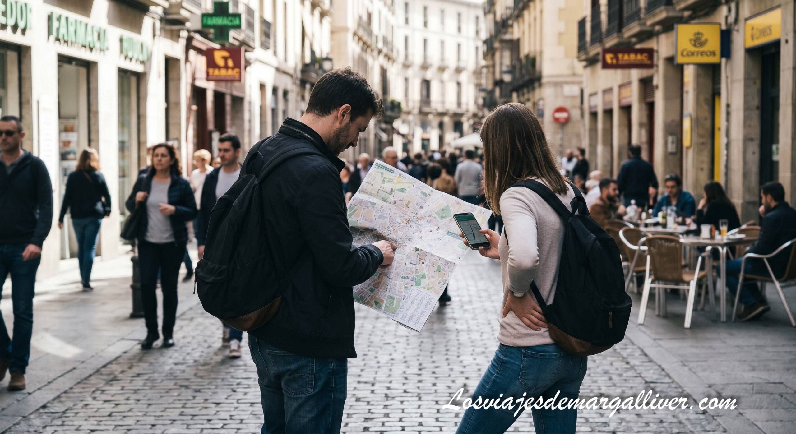 Pareja mirando un mapa en medio de una calle Pareja mirando un mapa en medio de una calle - Los viajes de Margalliver