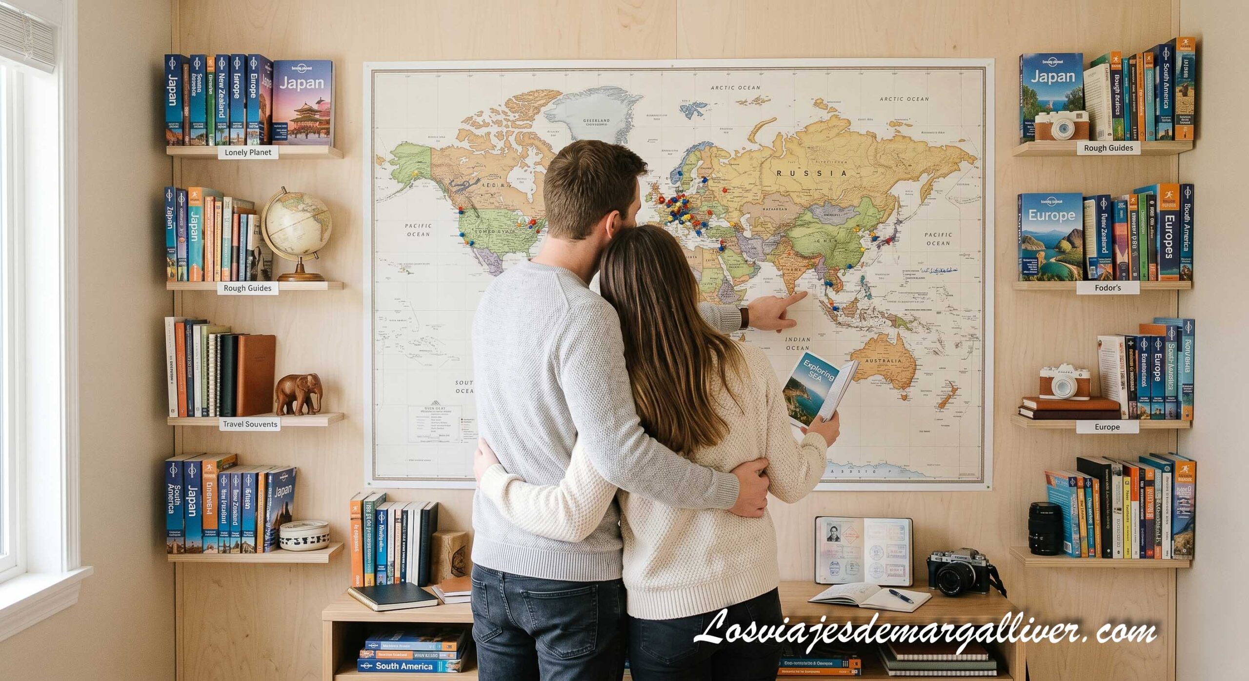 Pareja planificando un viaje junto a guías de viajes Pareja planificando un viaje junto a guías de viajes - Los viajes de Margalliver